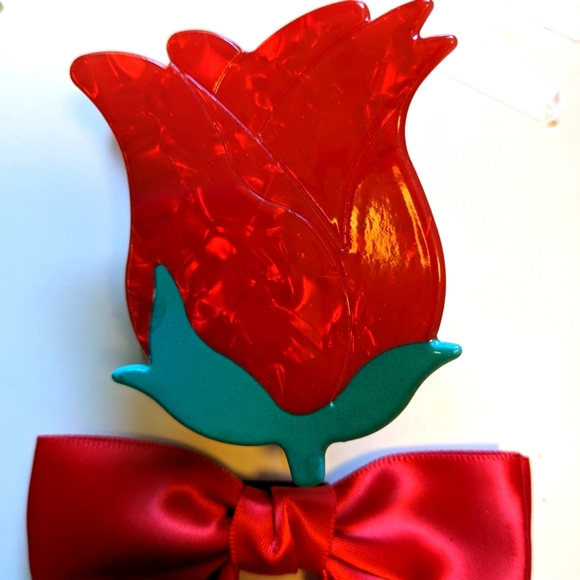 Red Rose Hair Claw Clip And Satin Bow Barrette Set Belle Disney New Accessory - Picture 4 of 6